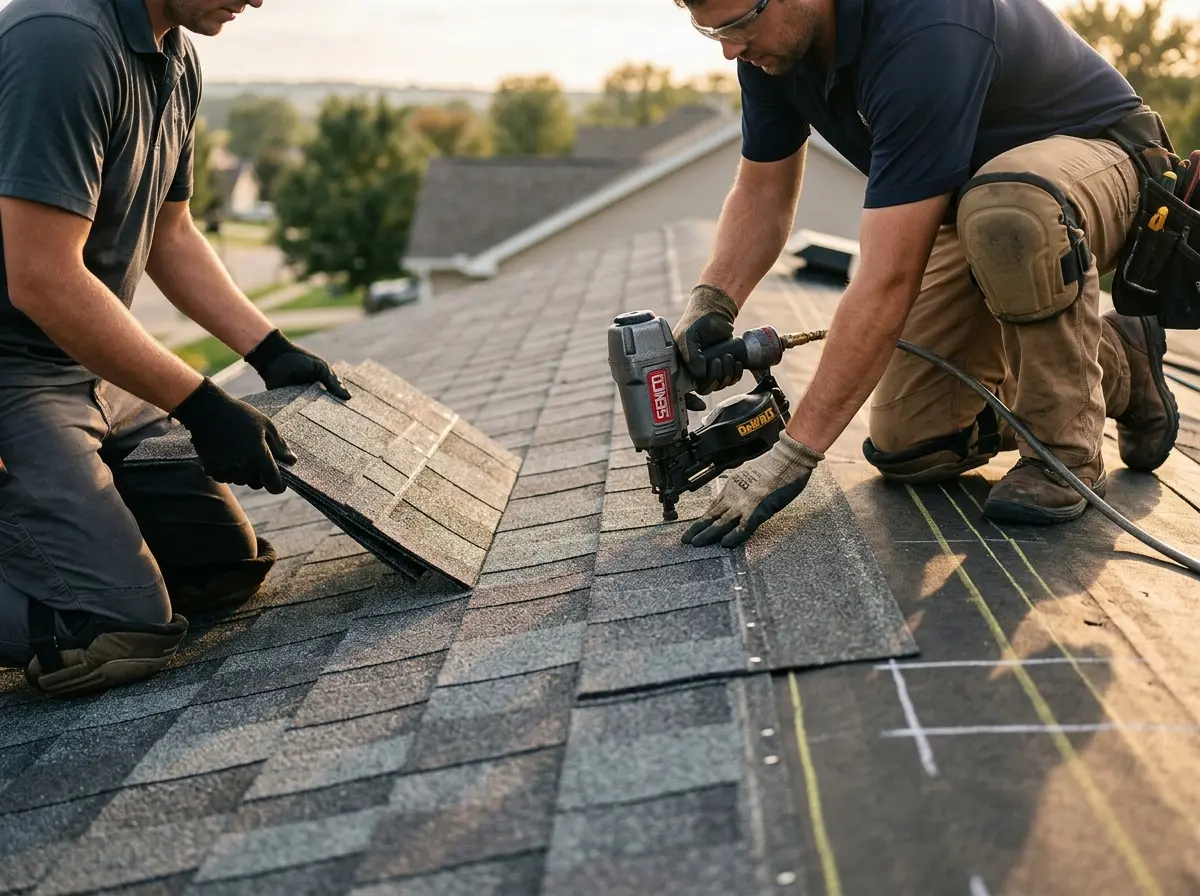 Professional roofer working on a residential roof in Webb City